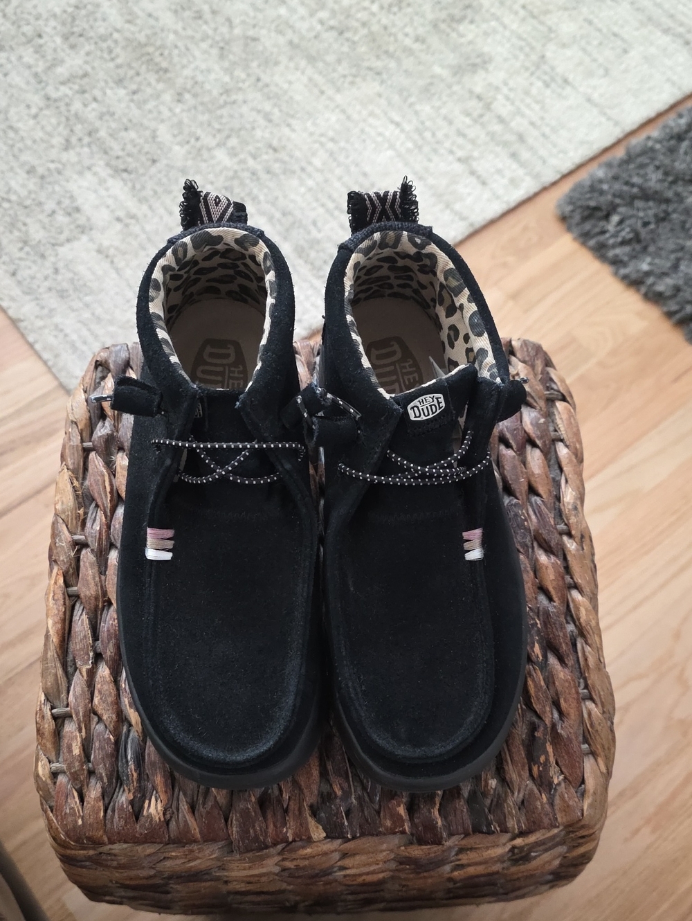 Hey Dude Black Suede Slip-On Sneakers with Leopard Print Lining